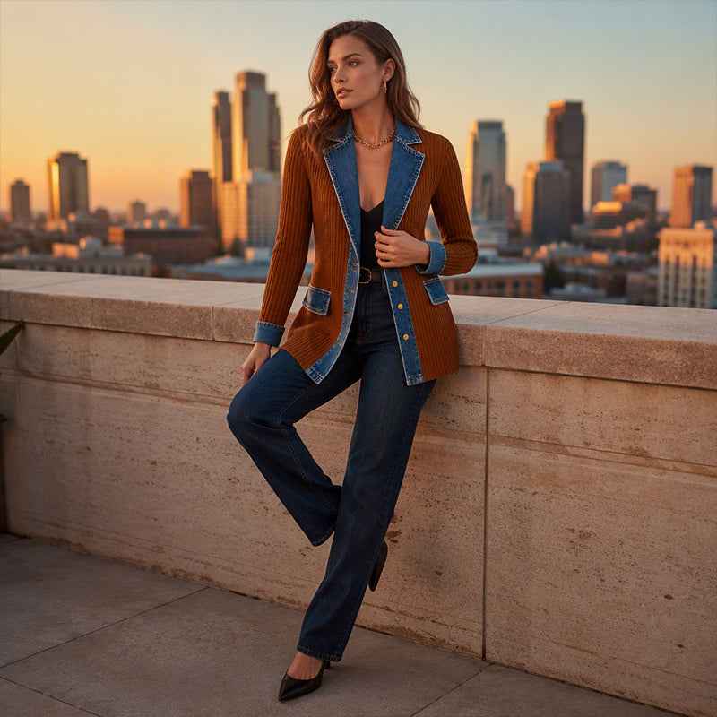 ⌛Limited-time offer-Women’s Elegant Denim Spliced Ribbed Knit Coat